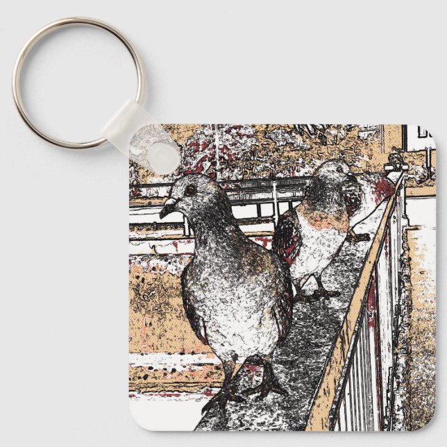Three Pigeons on a bridge Key Ring (Front)