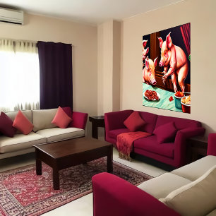 Three pigs eating bacon AI Art Poster