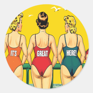 Three Pin-up Girls from Behind, Beach Humour, Funn Classic Round Sticker