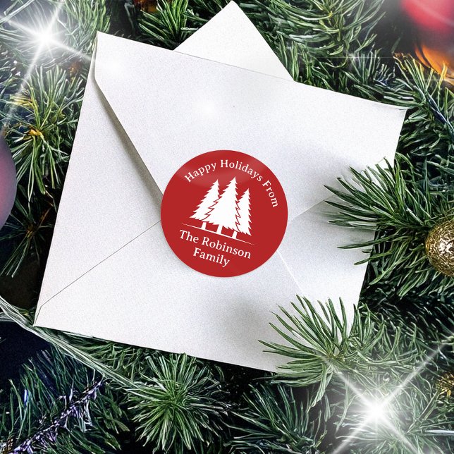 Three Pine Trees Rustic Christmas Greeting Classic Round Sticker (Creator Uploaded)