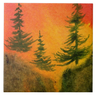 Three pines at sunrise / sunset with fiery colours ceramic tile
