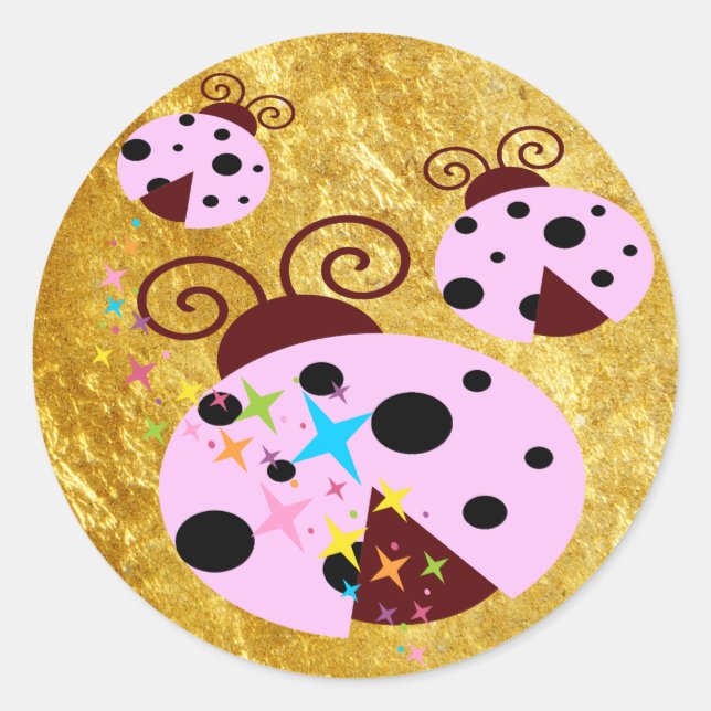 Three pink and black ladybug with stars classic round sticker (Front)