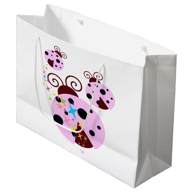 Three pink and black ladybug with stars large gift bag (Front Angled)
