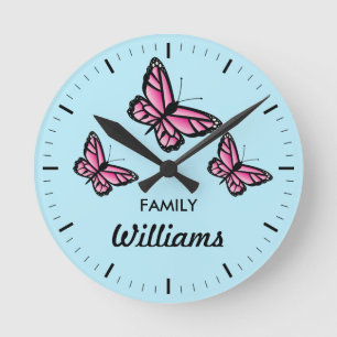Three Pink Butterflies With Family Name Round Clock