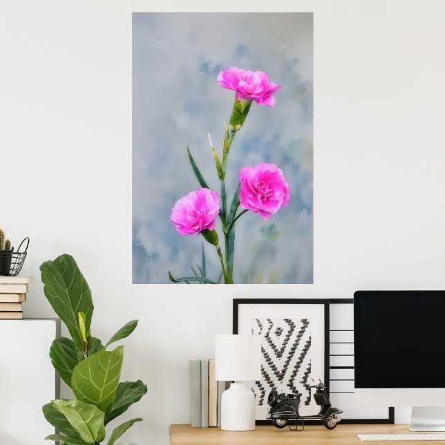 Three Pink Carnations Flower Garden Art Poster (Home Office)