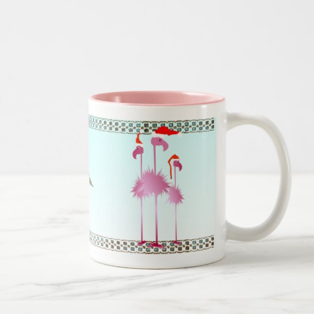 Three Pink Christmas Flamingos Two-Tone Coffee Mug (Right)