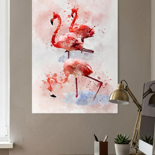 Three Pink Flamingos  in Watercolor Art Print