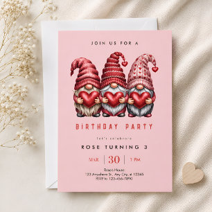 Three Pink Gnomes 3rd Birthday Invitation