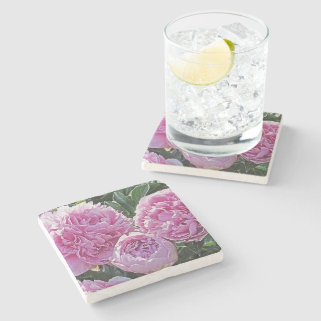 "THREE PINK PEONIES" STONE COASTERS (Side)