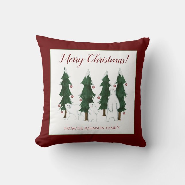 Three Polar Bears Merry Christmas Throw PIllow (Front)