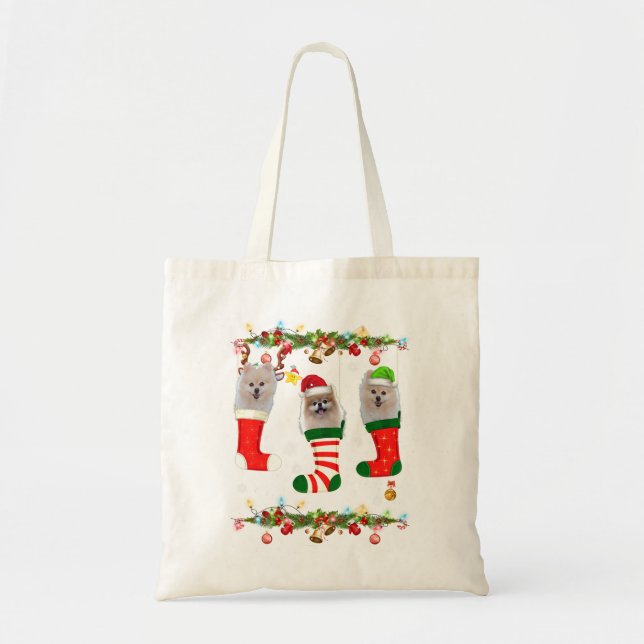 Three Pomeranian In Sock Christmas Santa X-mas Tote Bag (Front)