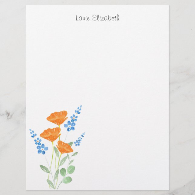 Three Poppies Watercolor Bouquet  Custom Letterhead (Front)