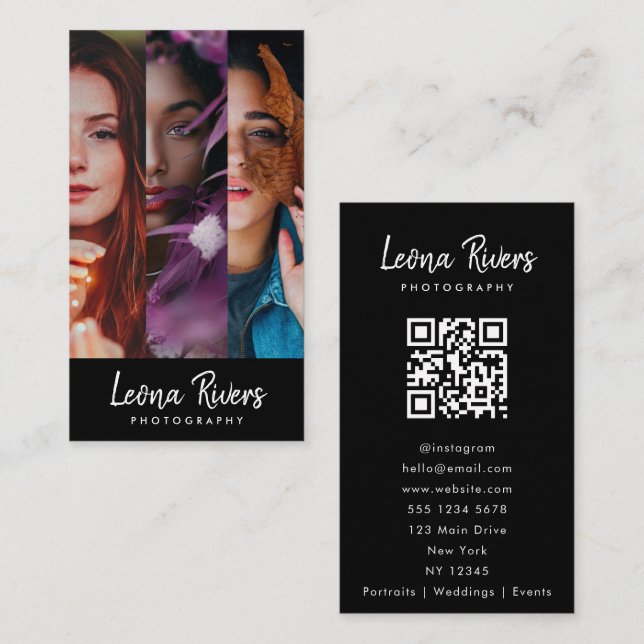 Three-Portrait QR Code Photographer Business Card (Front/Back)