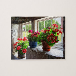 Three Pots of Geraniums on Windowsill Jigsaw Puzzle