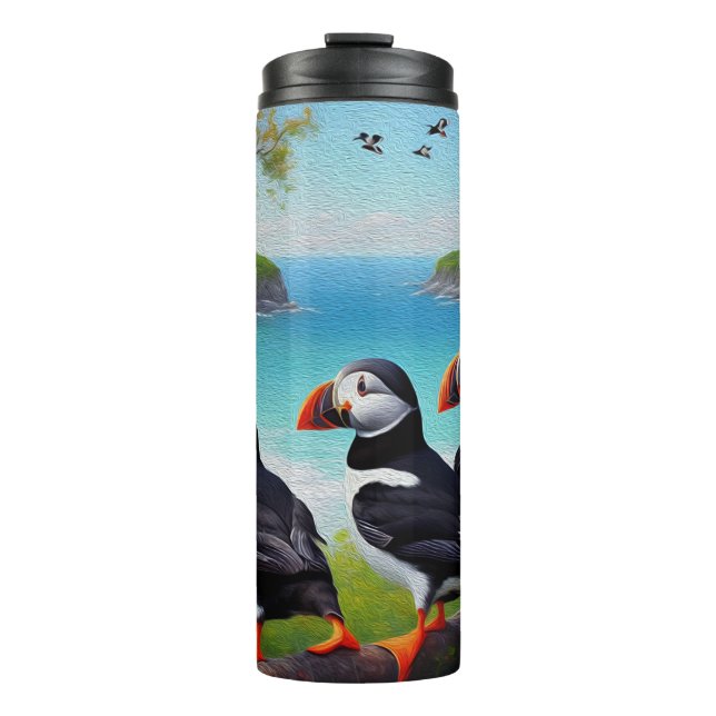 Three Puffin Birds Oil Paint, Thermal Tumbler (Front)