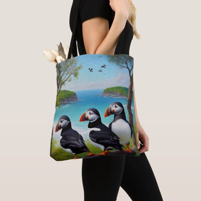 Three Puffins Oil Paint,  Tote Bag (Close Up)