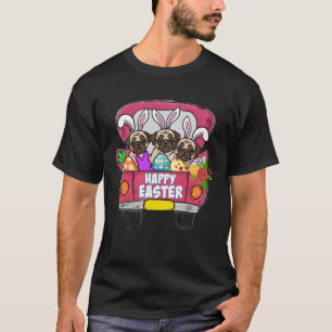 Three Pug In Truck Bunny Egg Hunting Happy Easter T-Shirt