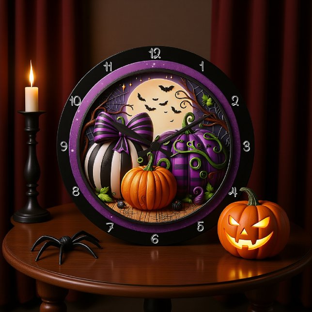 Three Pumpkins Under a Full Moon Large Clock (Creator Uploaded)