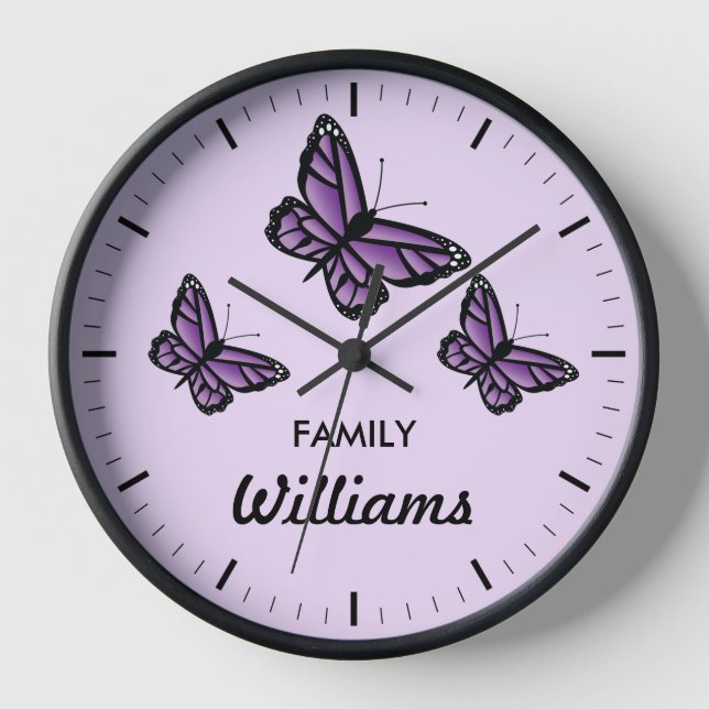Three Purple Butterflies With Family Name Clock (Front)