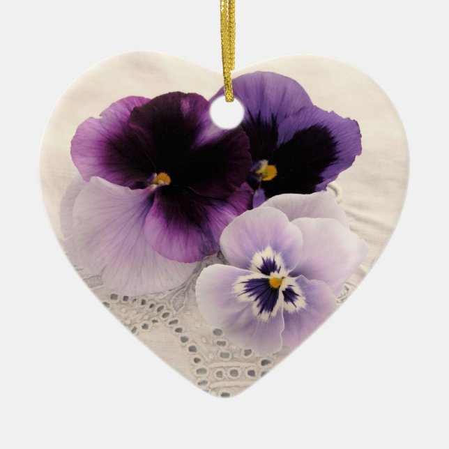 Three purple pansies heart ornament (Front)