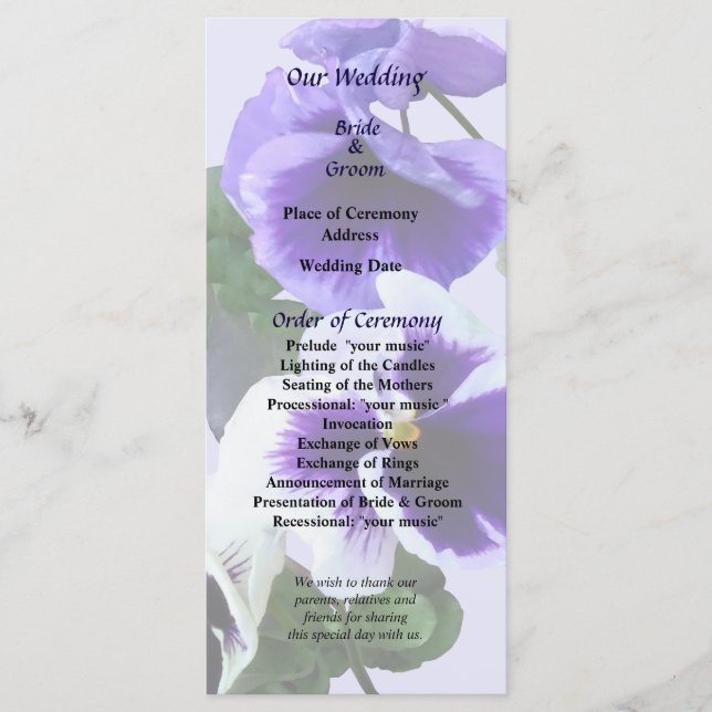 Three Purple Pansies in a Row Wedding Program (Front)