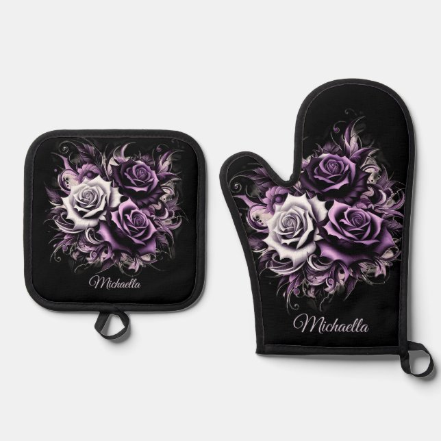 Three Purple Roses Oven Mitt & Pot Holder Set (Front)