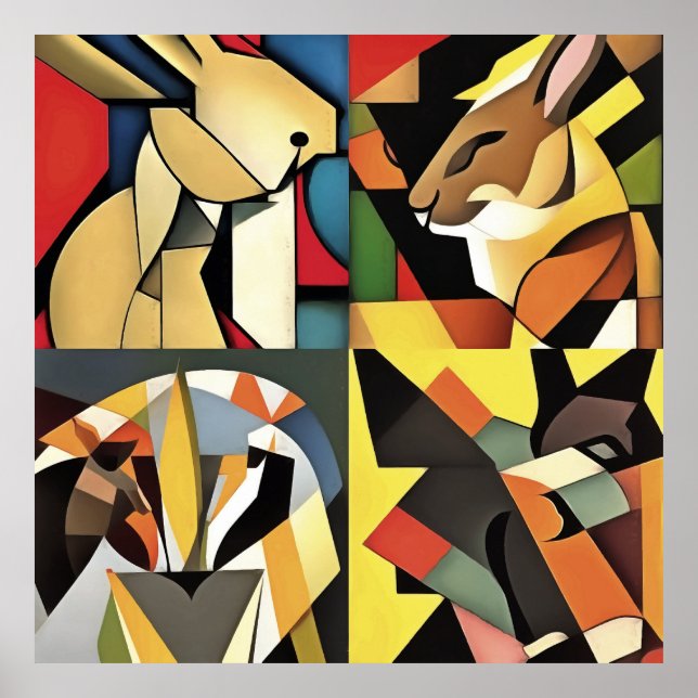 Three Rabbits And A Lion Geometric Abstract Art Poster (Front)