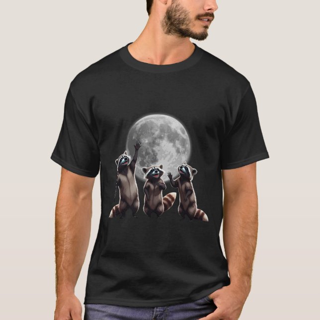 Three Raccoons Howling at Moon Funny Animal tee (Front)