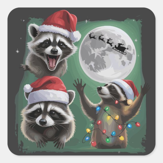 Three Raccoons With The Moon Galaxy Christmas  Square Sticker (Front)