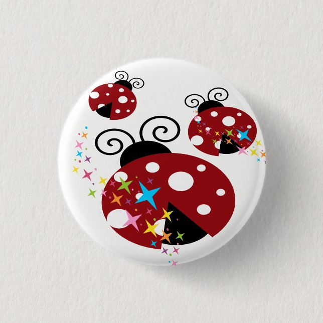 Three red and black ladybug with stars 3 cm round badge (Front)