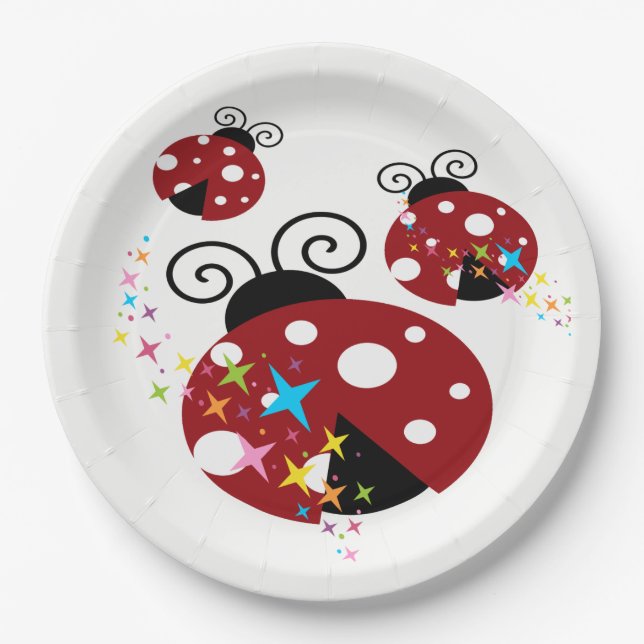 Three red and black ladybug with stars paper plate (Front)