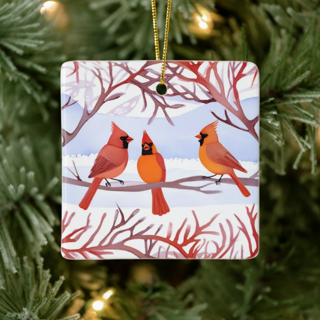 Three Red Cardinals in Snowy Branches Ceramic Ornament (Tree)