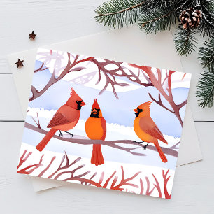 Three Red Cardinals in Snowy Branches Holiday Postcard