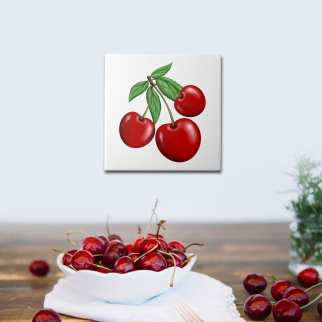 Three Red Cherries Fruit Ceramic Tile (Cherries Ceramic Tiles, use for kitchen backsplash, walls or order with optional frame for decor.)