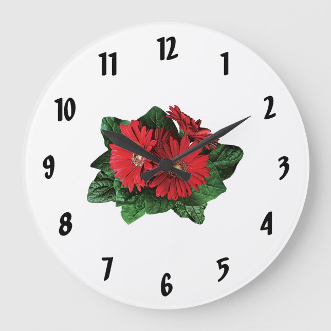 Three Red Gerbera Daisies Large Clock (Front)