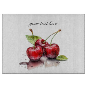 three red juicy cherries in watercolor cutting board
