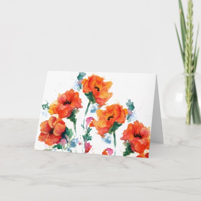 Three red long stemmed poppies watercolor  holiday card (Front)