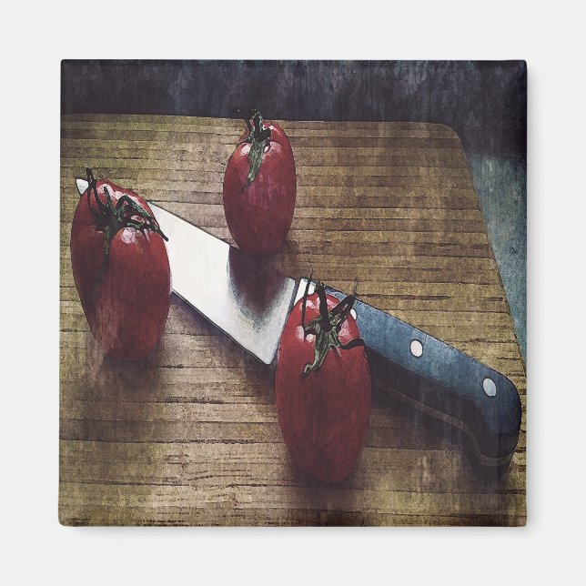 Three red tomatoes on a chopping board   magnet (Front)