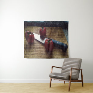 Three red tomatoes on a chopping board   tapestry