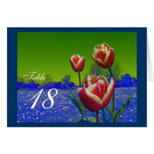 Three red tulip flowers dinner table number cards. (Front Horizontal)