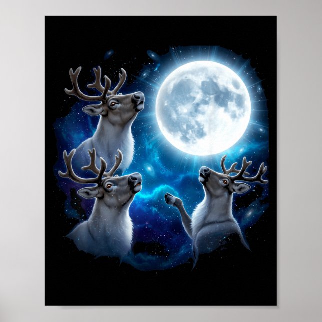 Three Reindeer Howling At The Moon Merry Christmas Poster (Front)