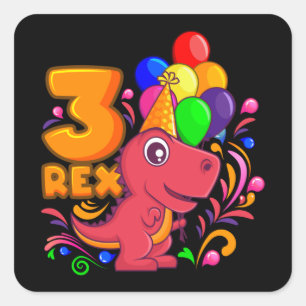 THREE REX 3 Year Old 3rd Birthday Girl Dino Square Sticker