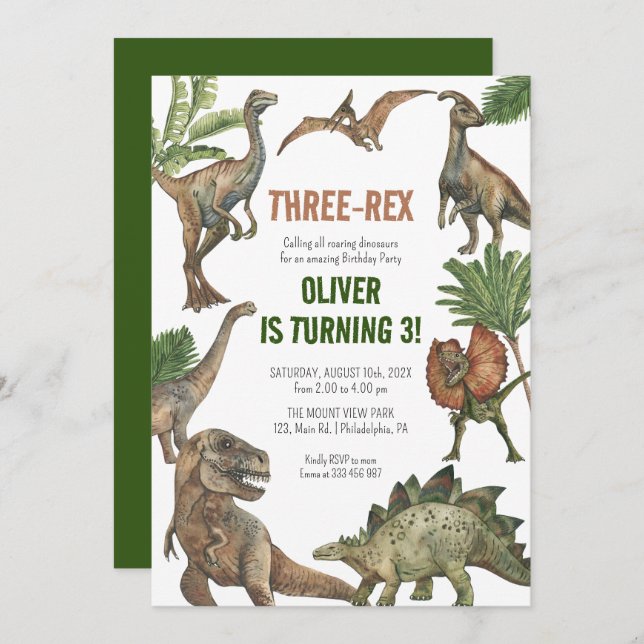 Three-Rex 3 Years Birthday Dinosaurs invitation (Front/Back)