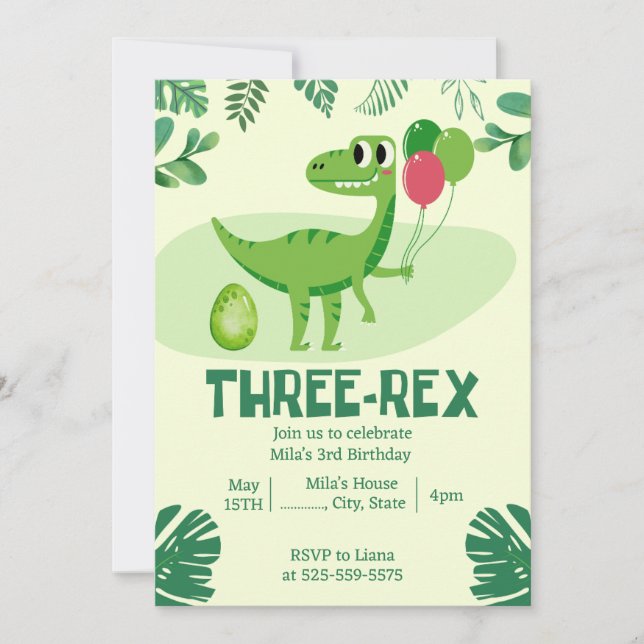 Three Rex 3rd Dinosaur Birthday invitation (Front)