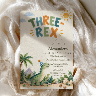 Three Rex Birthday Cute Watercolor Dinosaur Invitation