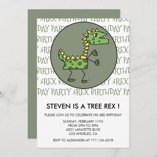 Three rex birthday invitation dinosaur 3rd kids (Front/Back)