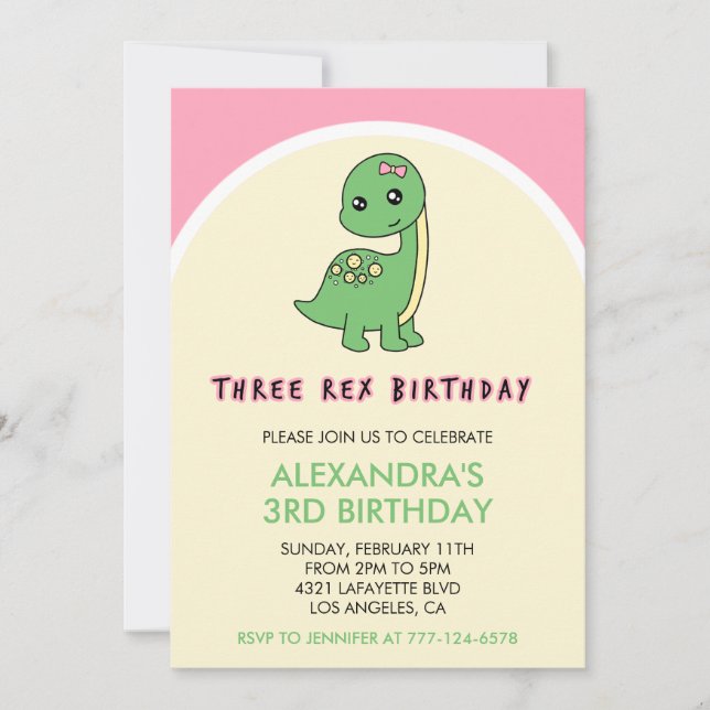 Three rex birthday invitation girl dinosaur 3rd (Front)