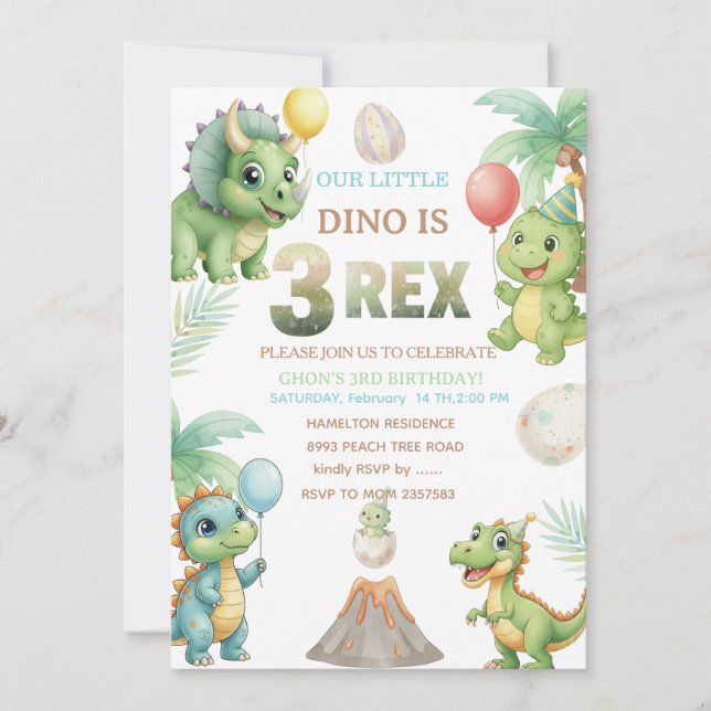Three-Rex Birthday Invitation with Maze Invitation (Front)