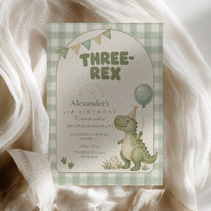 Three Rex Birthday Sage Green Gingham Invitation