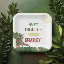 Three Rex Birthday Watercolor Dino Paper Plate